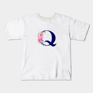 Watercolor Floral Letter Q in Navy Kids T-Shirt